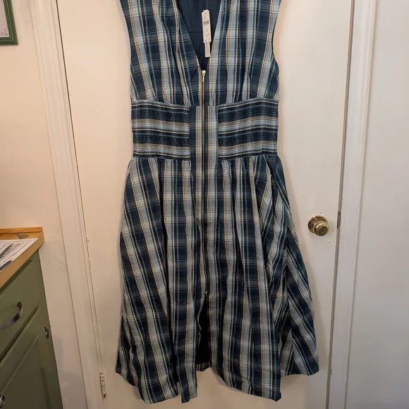 Anthropologie Teal Plaid Midi Dress with Smocked Waist - Picture 4 of 9